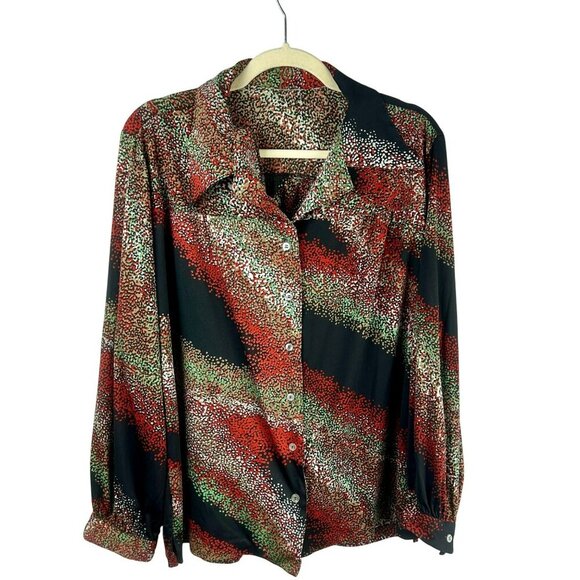 Vintage 70's Button Front Blouse‎ Women Plus 2X Black Long Sleeve Stretch Disco - Picture 1 of 4